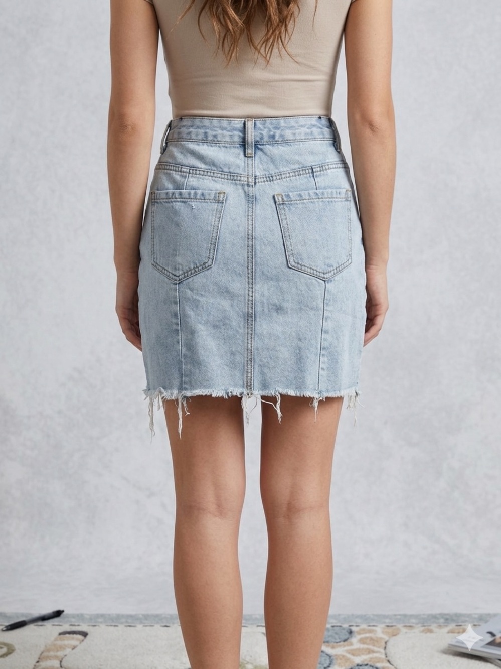 Light Blue Denim Midi Skirt with Frayed Hem